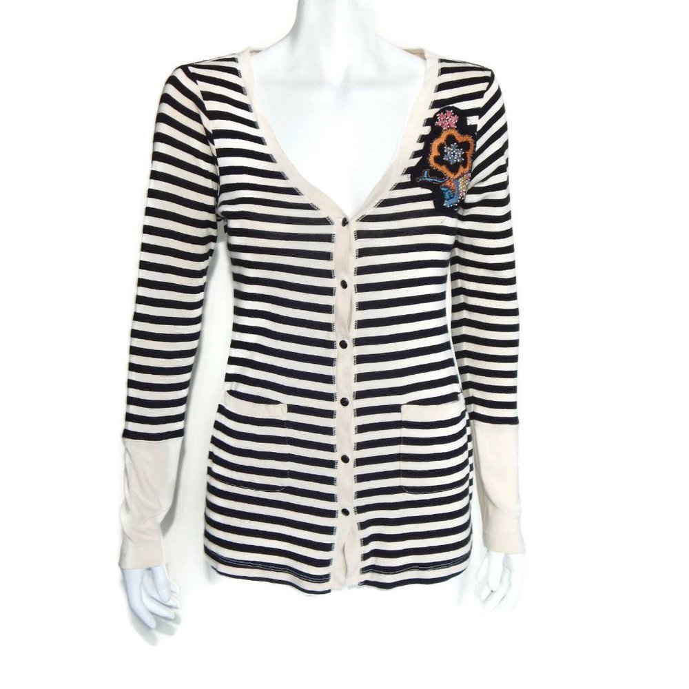 Tiny Anthropologie Black White Striped Applique Floral Patch Cardigan Sz S /3081